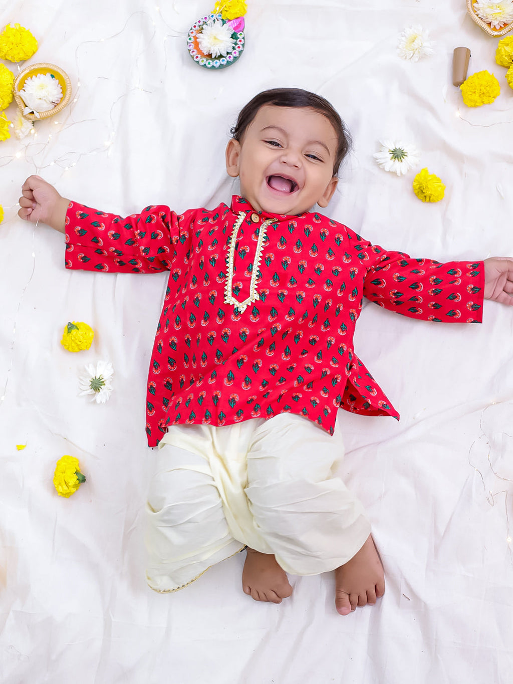 Boys Infant Printed Kurta Dhoti Set in Maroon & White - Cotton Kurta Dhoti for kids - front view