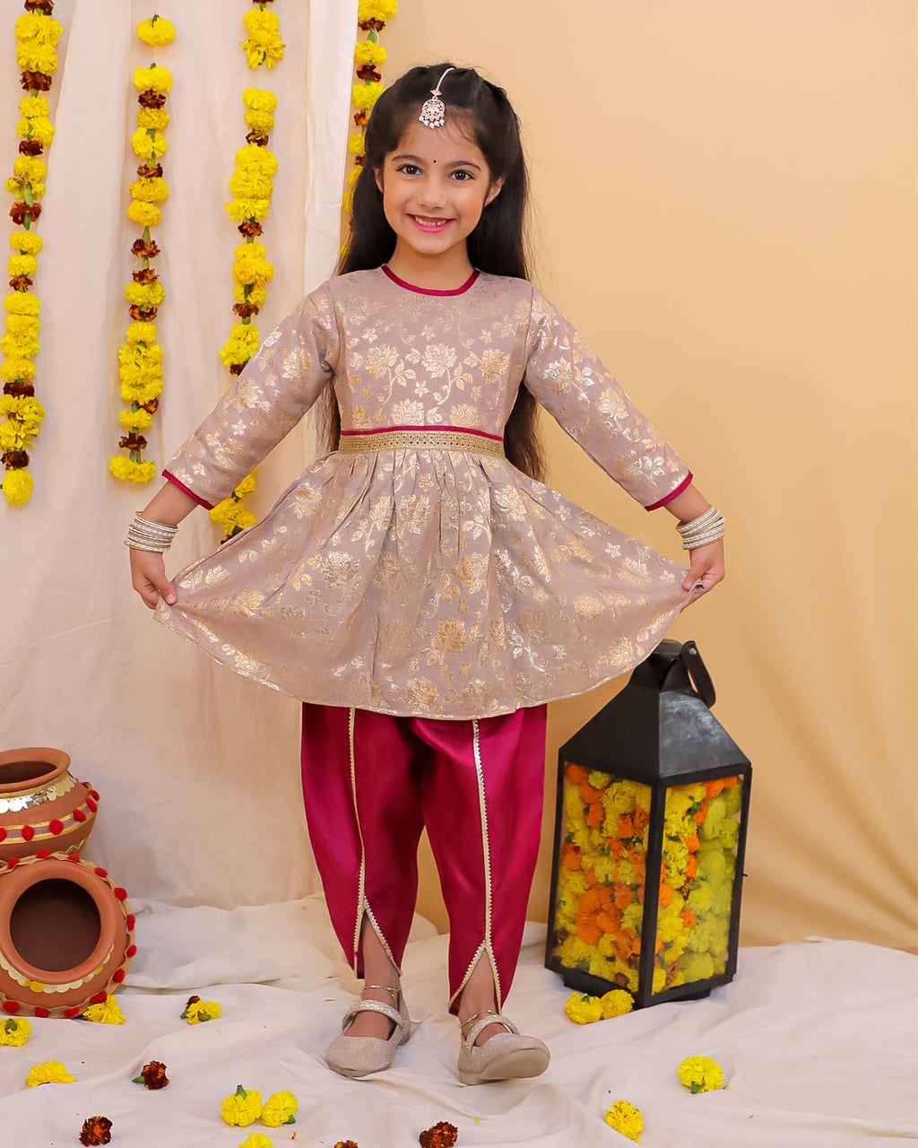 Girls Sonpari Jacquard Peplum Dhoti Set in Beige Gold - Jacquard Silk Peplum Dhoti for kids - front view
