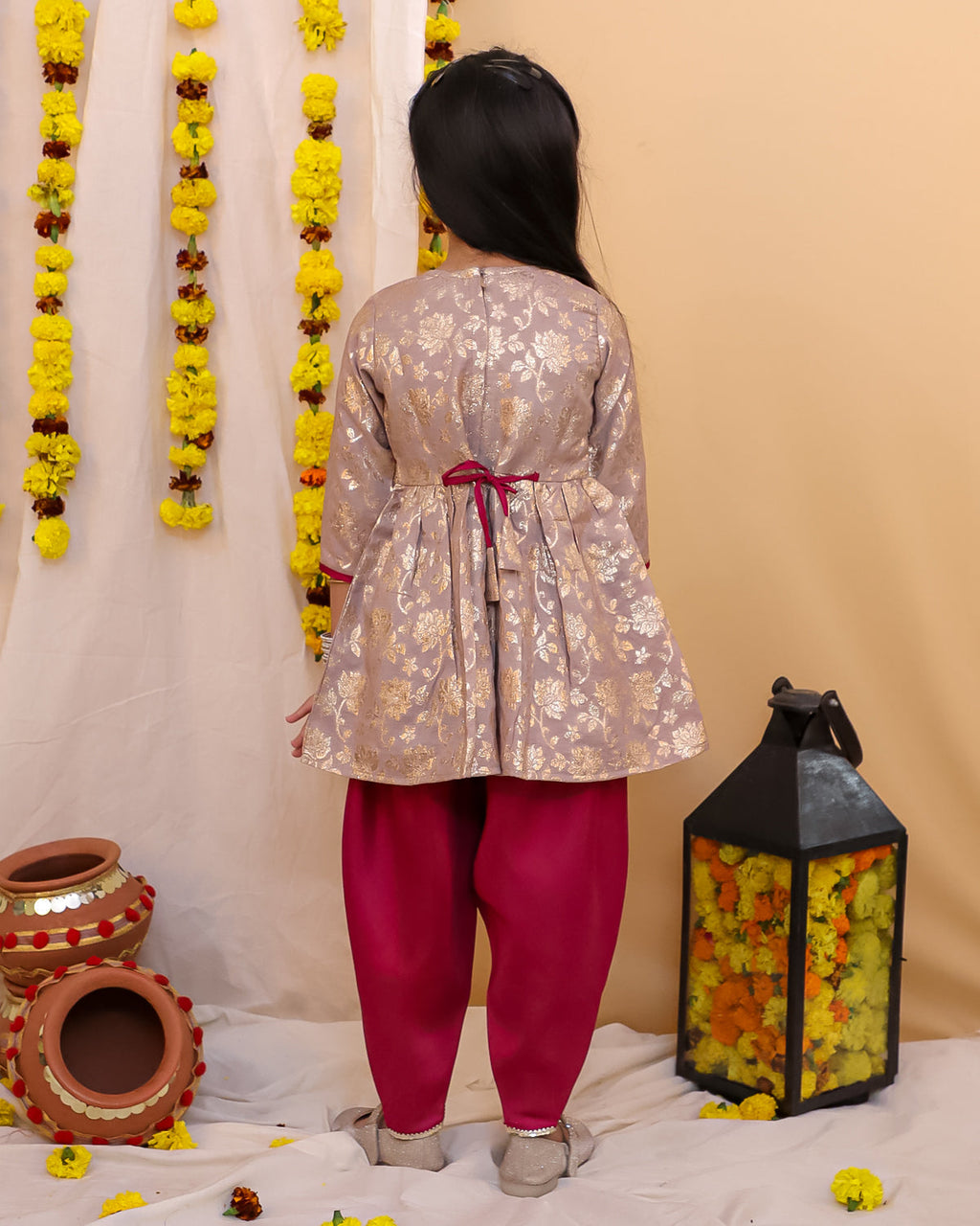 Girls Sonpari Jacquard Peplum Dhoti Set in Beige Gold - Jacquard Silk Peplum Dhoti - side view