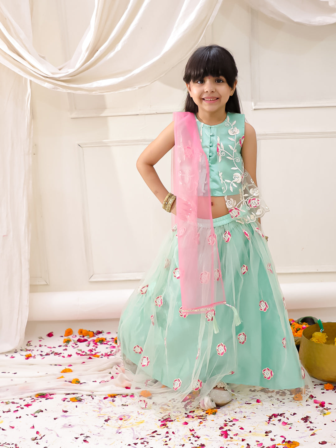 Girls Rose Bliss Lehenga Choli in Green & Pink - Embroidered Net Lehenga Choli for kids - front view
