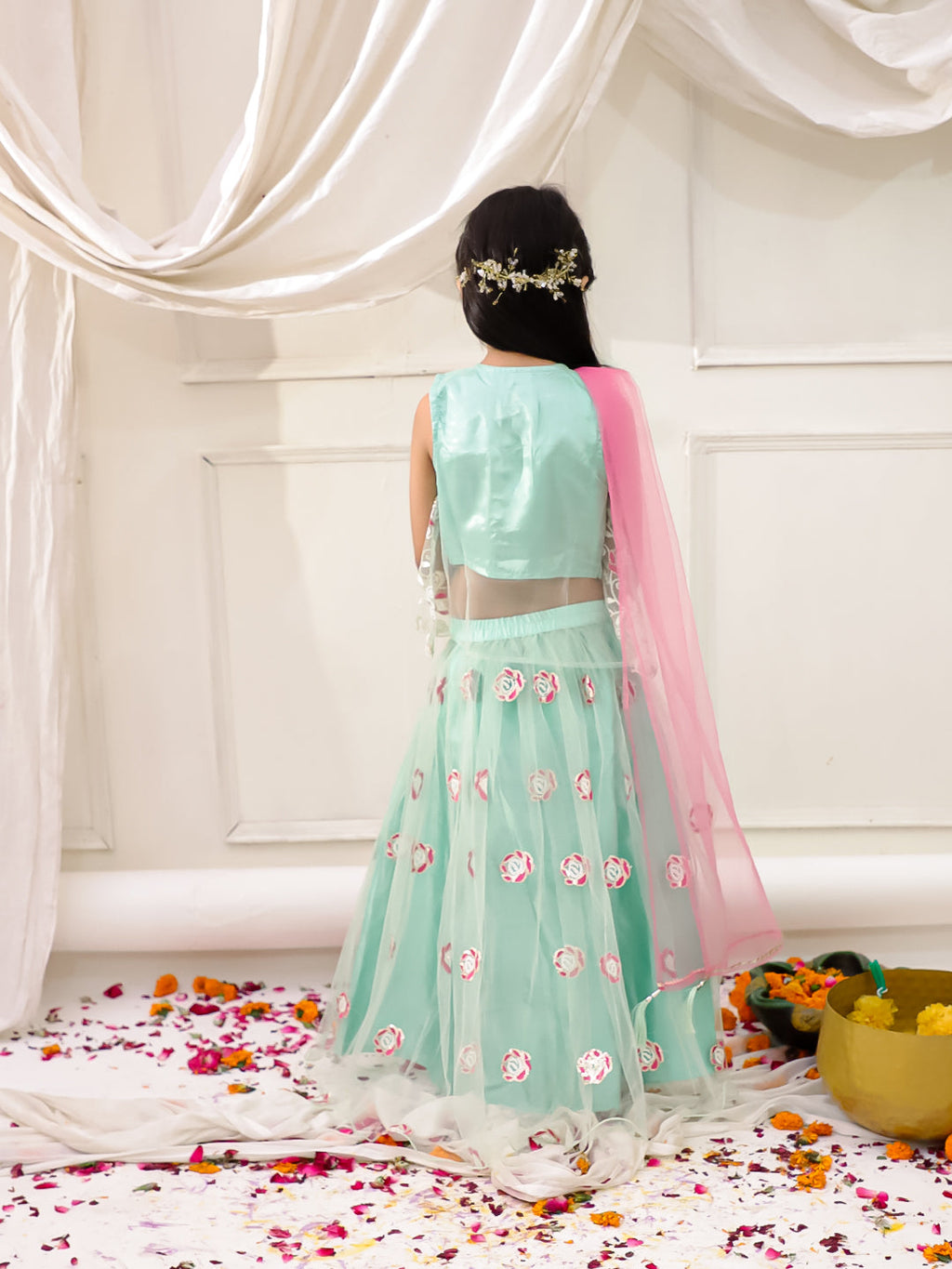 Girls Rose Bliss Lehenga Choli in Green & Pink - Embroidered Net Lehenga Choli - side view