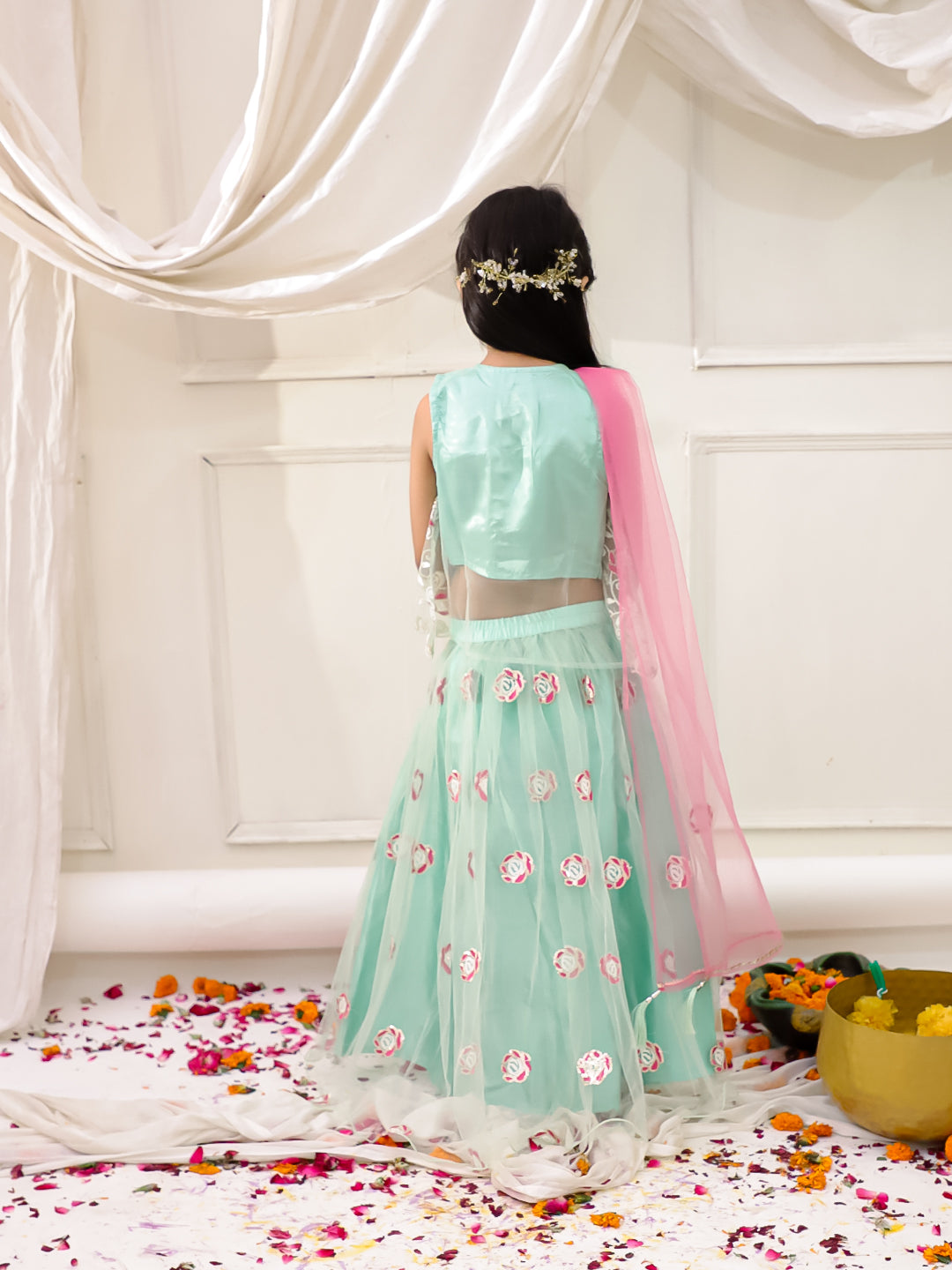 Girls Rose Bliss Lehenga Choli in Green & Pink - Embroidered Net Lehenga Choli - side view