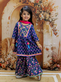Girls Buti-Jaal Kurti Sharara Set in Navy Blue & Red - Cotton Sharara Set for kids - front view