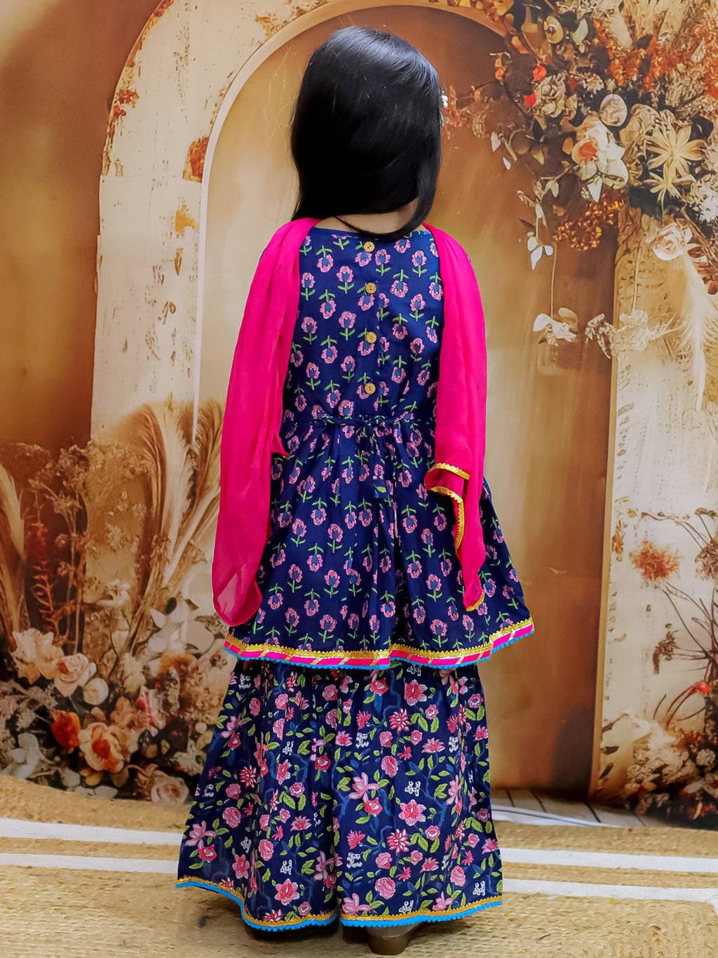 Girls Buti-Jaal Kurti Sharara Set in Navy Blue & Red - Cotton Sharara Set - side view