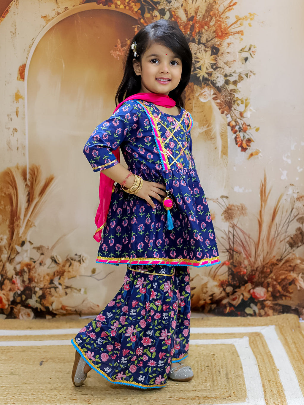 Girls Buti-Jaal Kurti Sharara Set in Navy Blue & Red - Cotton Sharara Set - back view