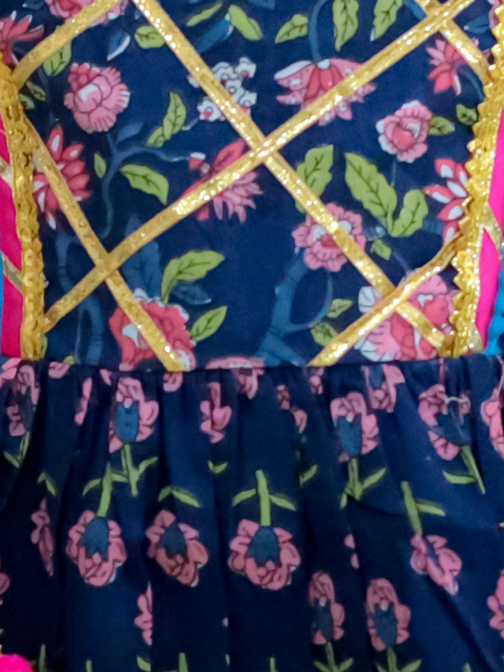 Girls Buti-Jaal Kurti Sharara Set in Navy Blue & Red - close-up detail of buti-jaal print