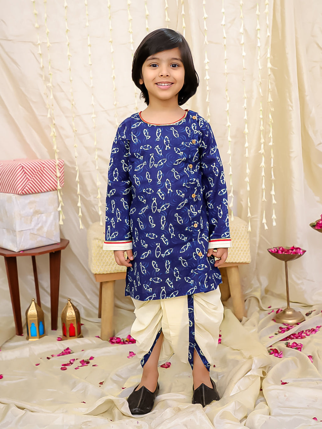 Boys Jaltarang Kurta Dhoti Set in Navy Blue - Cotton Kurta Dhoti for kids - front view