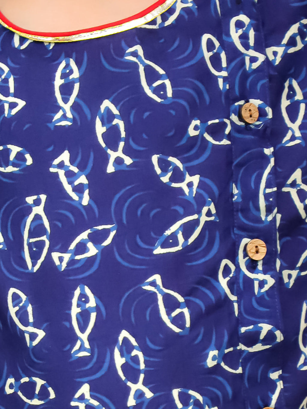 Boys Jaltarang Kurta Dhoti Set in Navy Blue - close-up detail of printed pattern