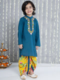 Boys Flower Embroidered Kurta Dhoti Set in Blue - Cotton Kurta Dhoti for kids - front view