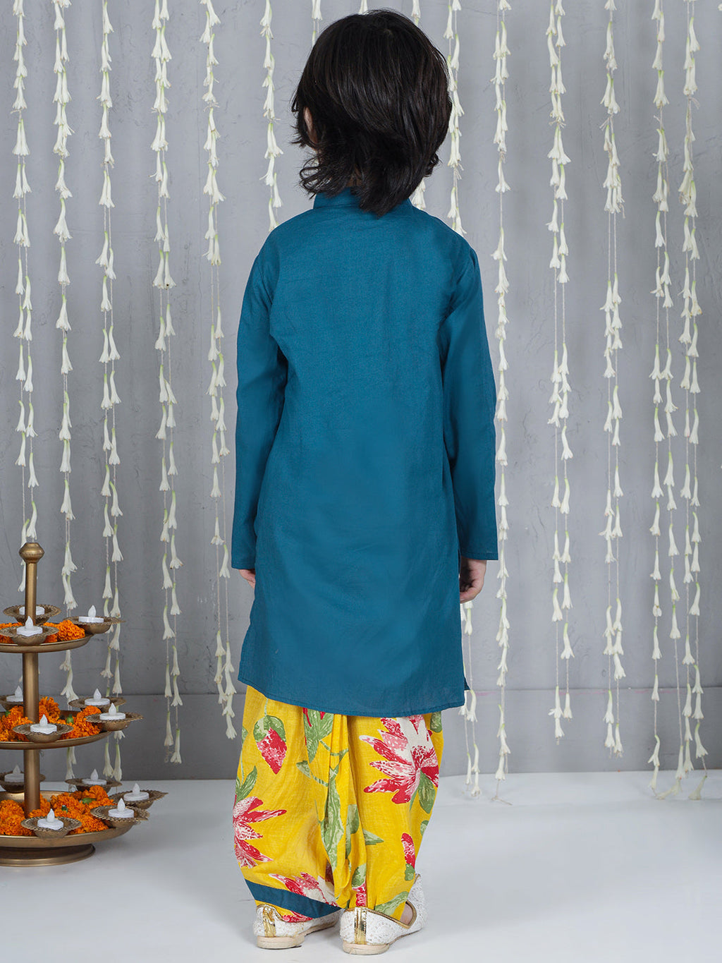 Boys Flower Embroidered Kurta Dhoti Set in Blue - Cotton Kurta Dhoti - side view
