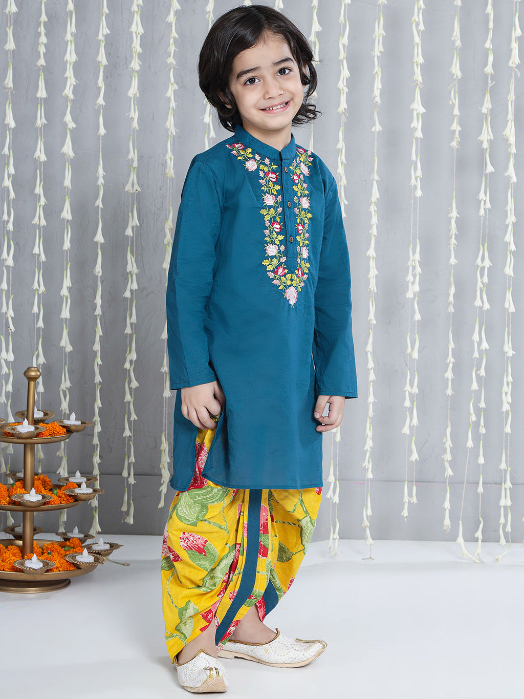 Boys Flower Embroidered Kurta Dhoti Set in Blue - Cotton Kurta Dhoti - back view