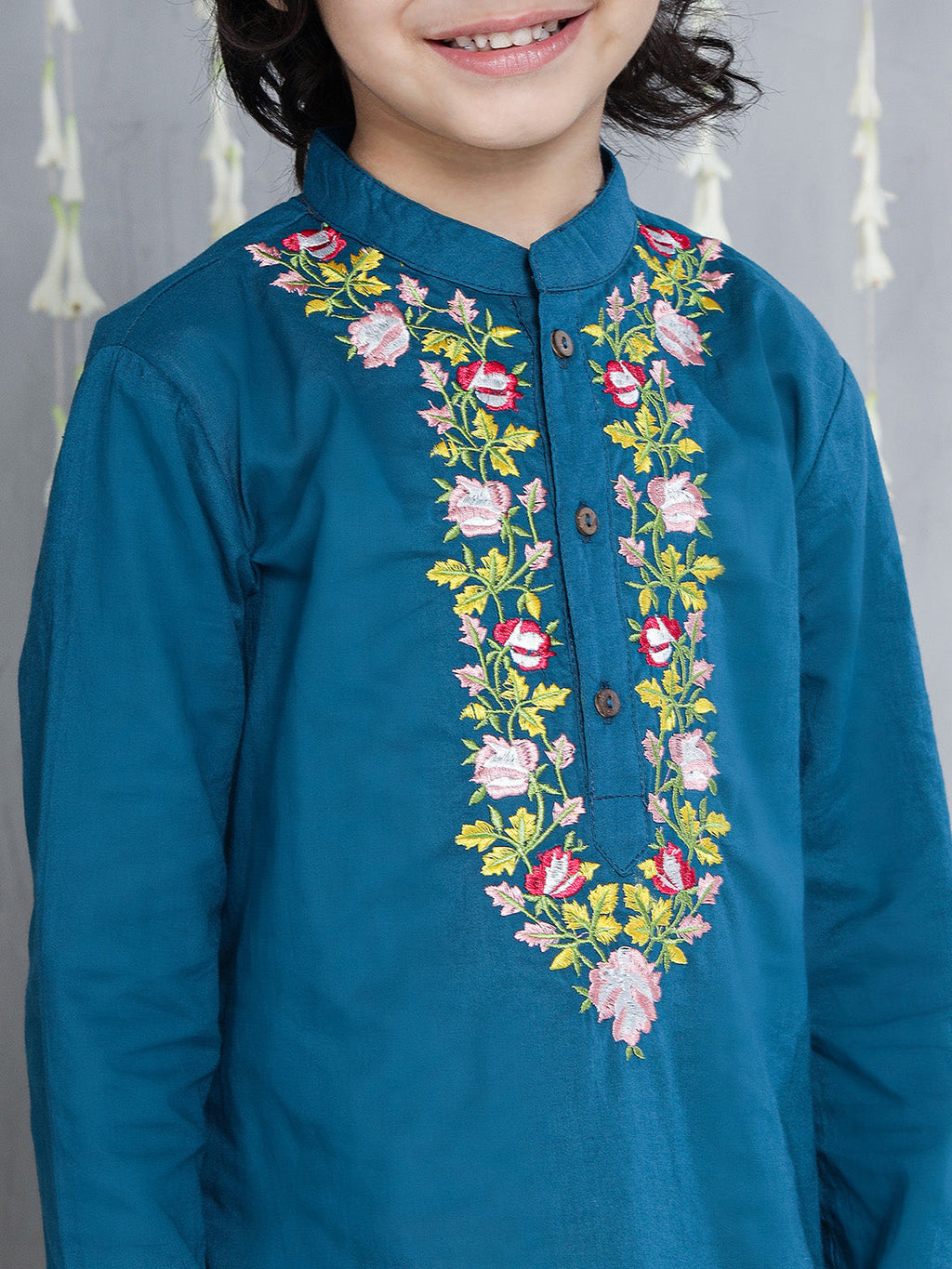 Boys Flower Embroidered Kurta Dhoti Set in Blue - close-up detail of flower embroidery