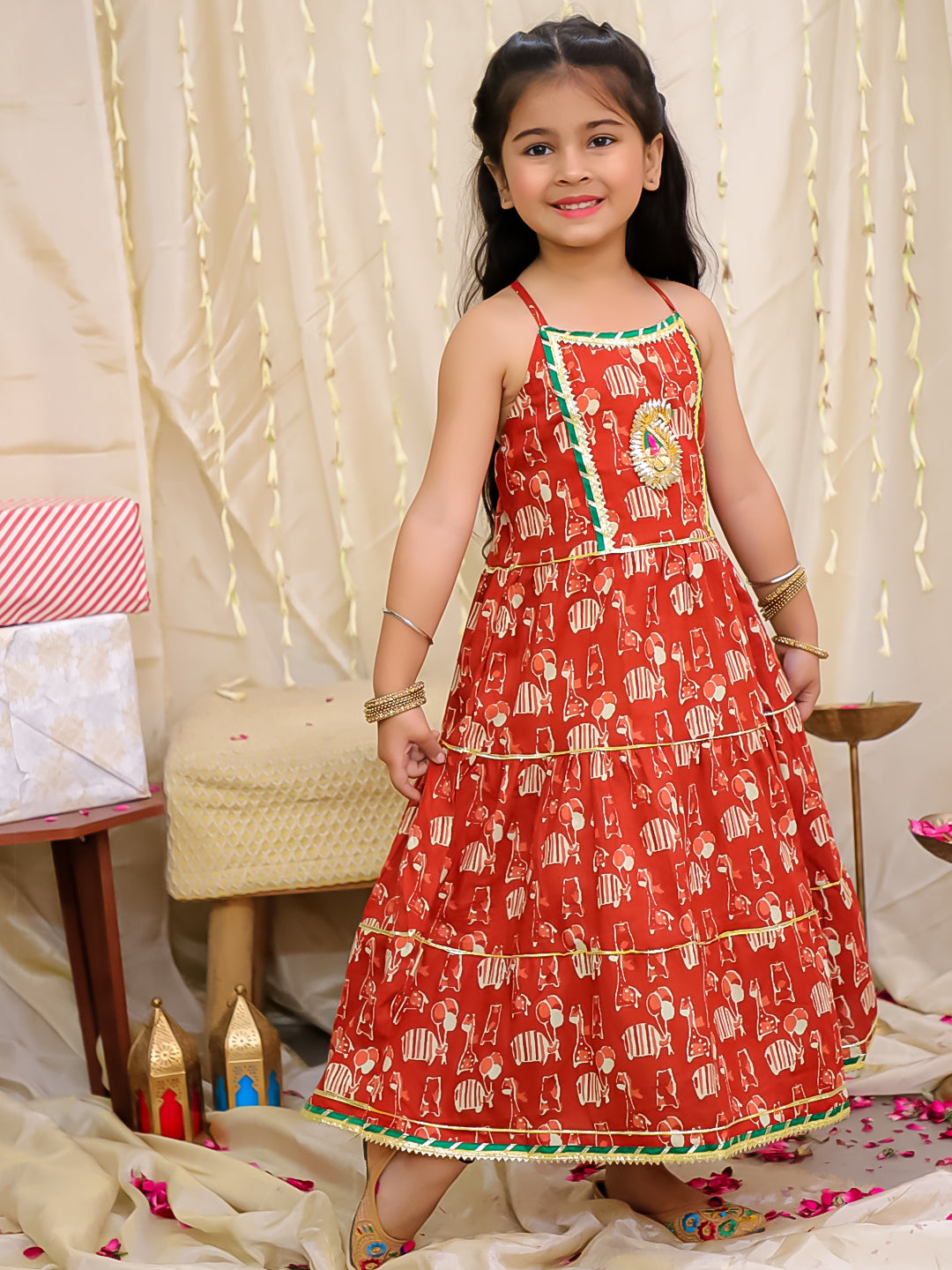 Girls Jungle Jam Long Dress in Maroon - Cotton Long Dress - back view