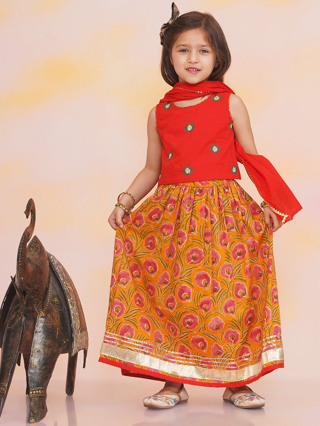 Girls Leela Choli Printed Lehenga Set in Red - Cotton Lehenga Choli for kids - front view