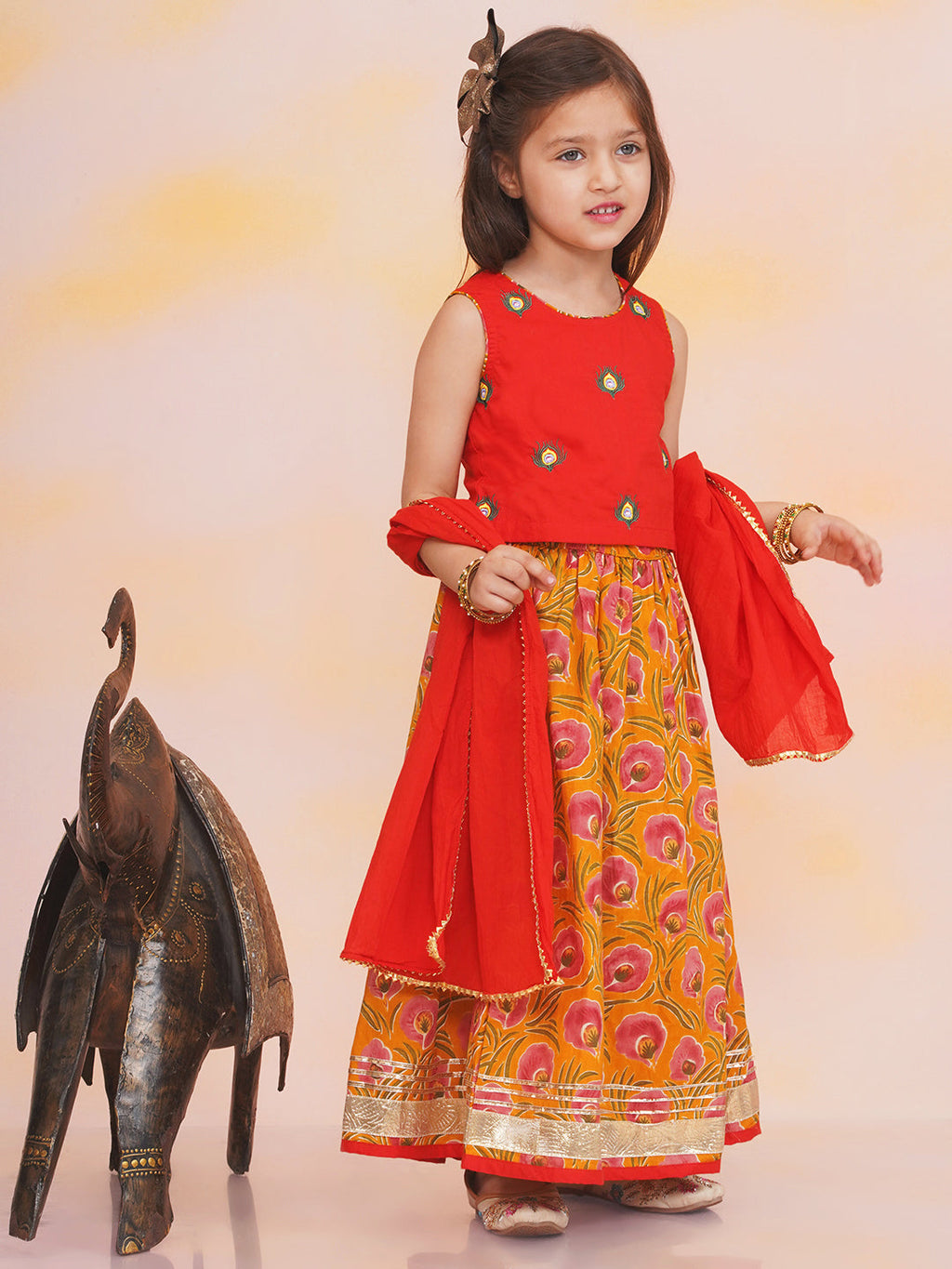 Girls Leela Choli Printed Lehenga Set in Red - Cotton Lehenga Choli - back view