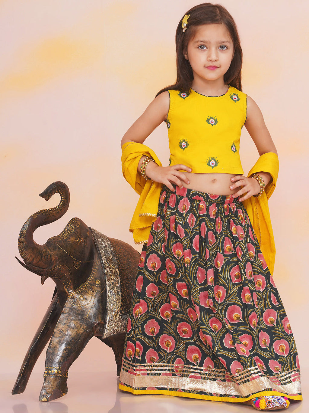 Girls Leela Choli Printed Lehenga Set in Yellow - Cotton Lehenga Choli for kids - front view