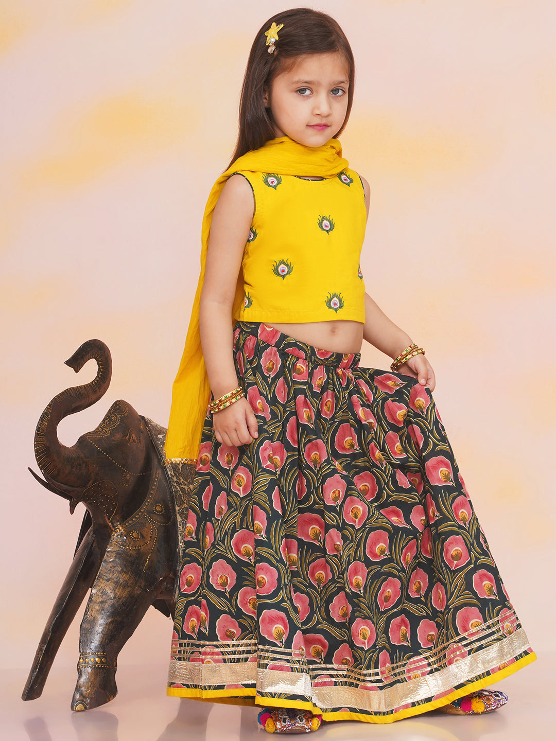 Girls Leela Choli Printed Lehenga Set in Yellow - Cotton Lehenga Choli - back view