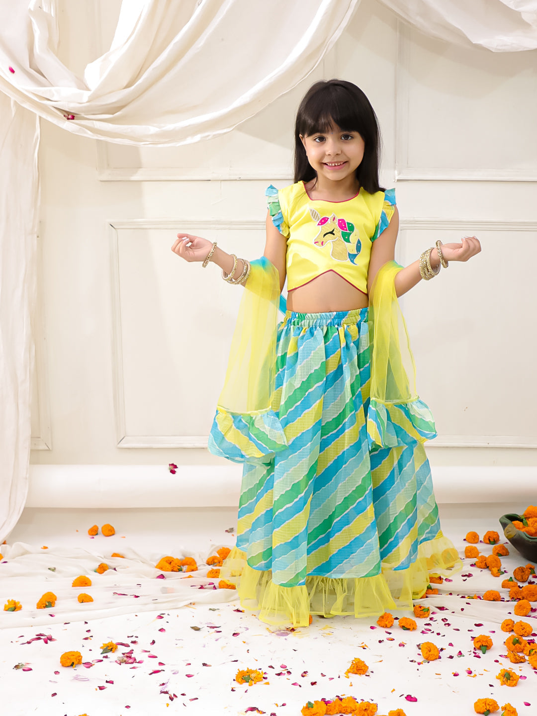 Girls Unicorn Lehenga Choli with Dupatta in Yellow & Green - Silk Blend Lehenga Choli for kids - front view