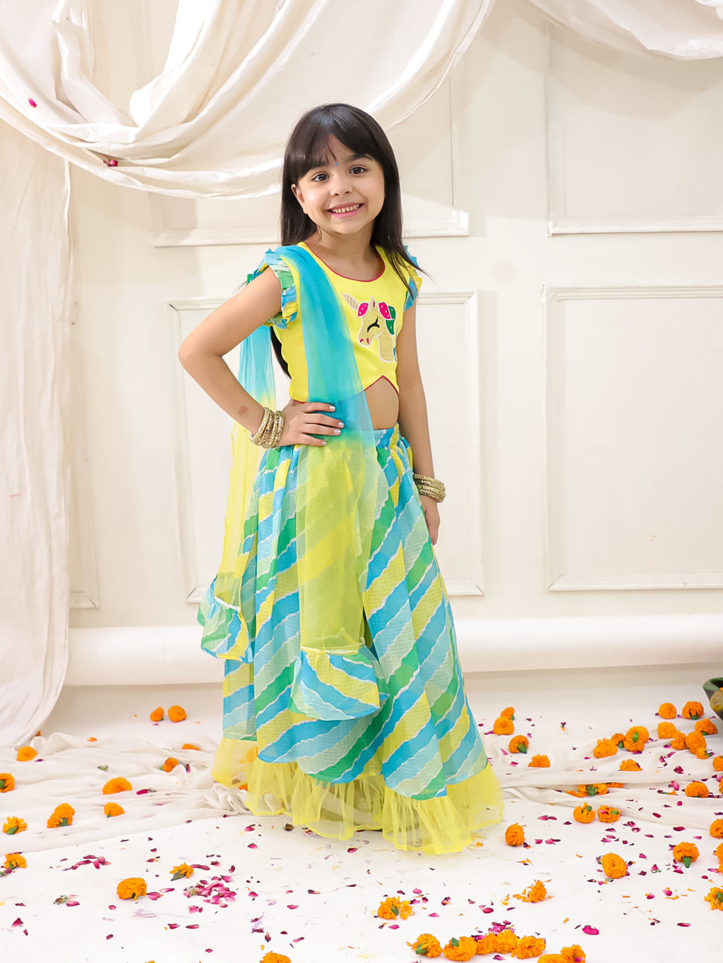 Girls Unicorn Lehenga Choli with Dupatta in Yellow & Green - Silk Blend Lehenga Choli - back view