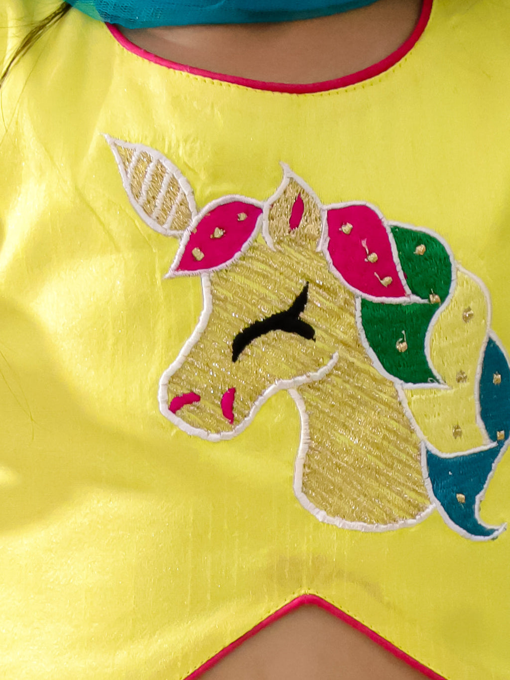Girls Unicorn Lehenga Choli with Dupatta in Yellow & Green - close-up detail of unicorn embroidery