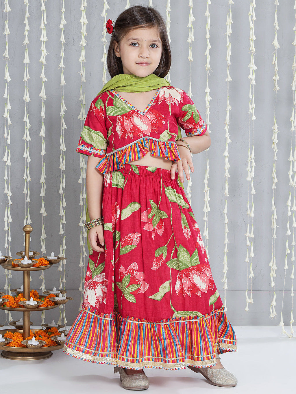 Girls Floral Top Lehenga Dupatta Set in Pink & Green - Cotton Lehenga with Dupatta for kids - front view