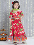Girls Floral Top Lehenga Dupatta Set in Pink & Green - Cotton Lehenga with Dupatta for kids - front view