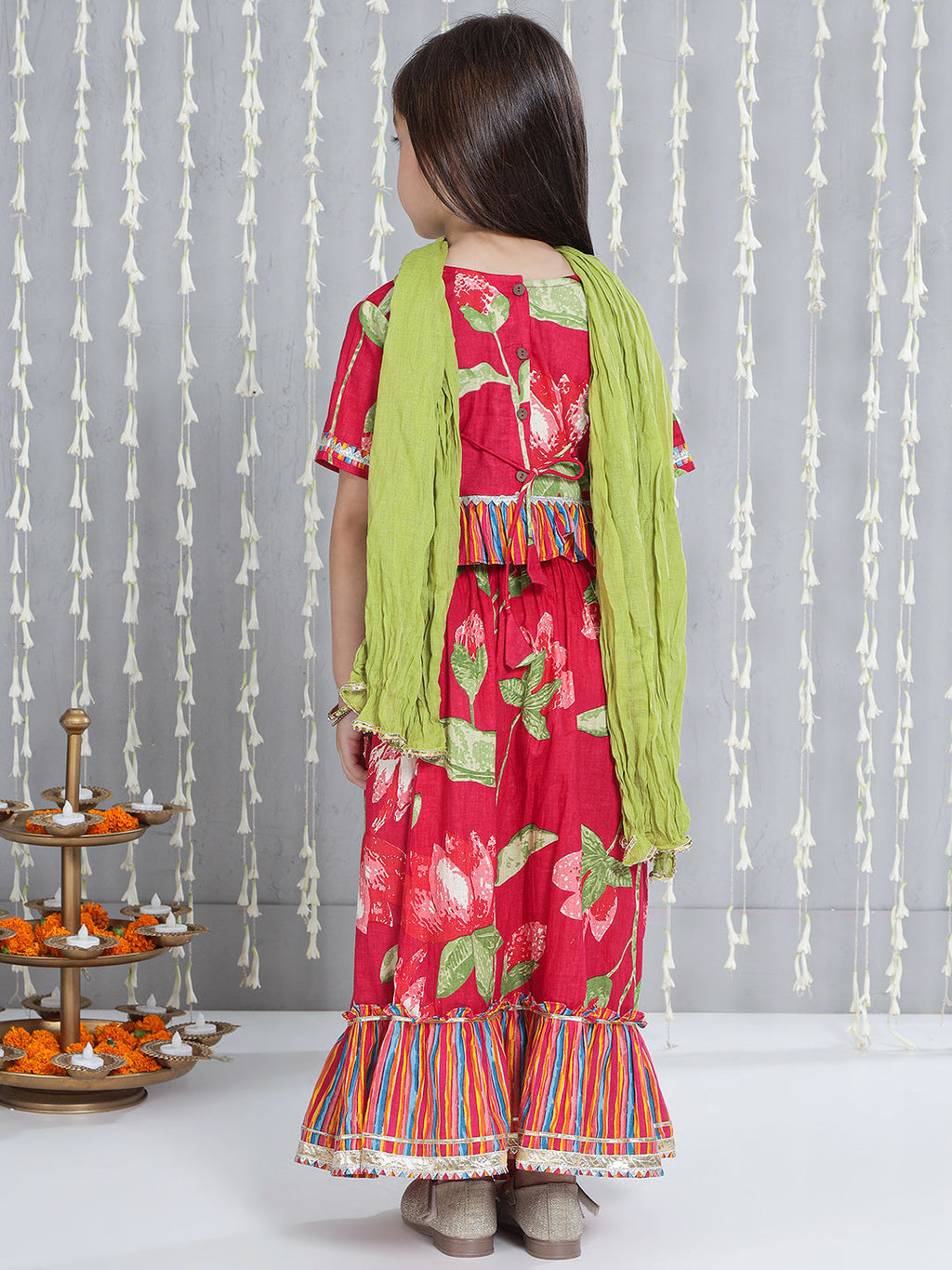 Girls Floral Top Lehenga Dupatta Set in Pink & Green - Cotton Lehenga with Dupatta - side view