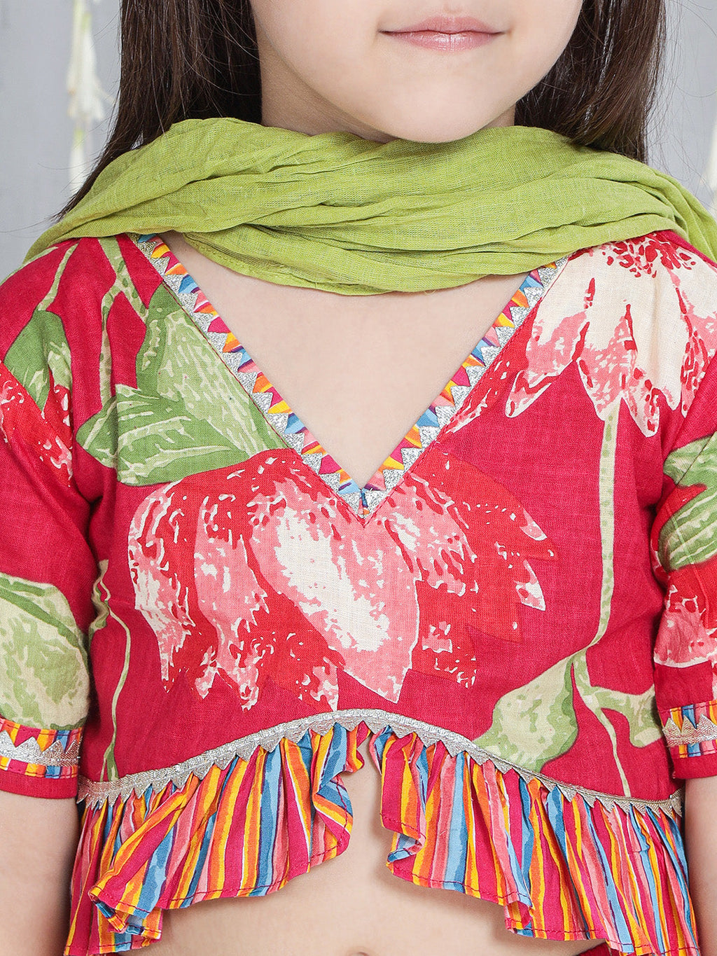 Girls Floral Top Lehenga Dupatta Set in Pink & Green - close-up detail of floral print