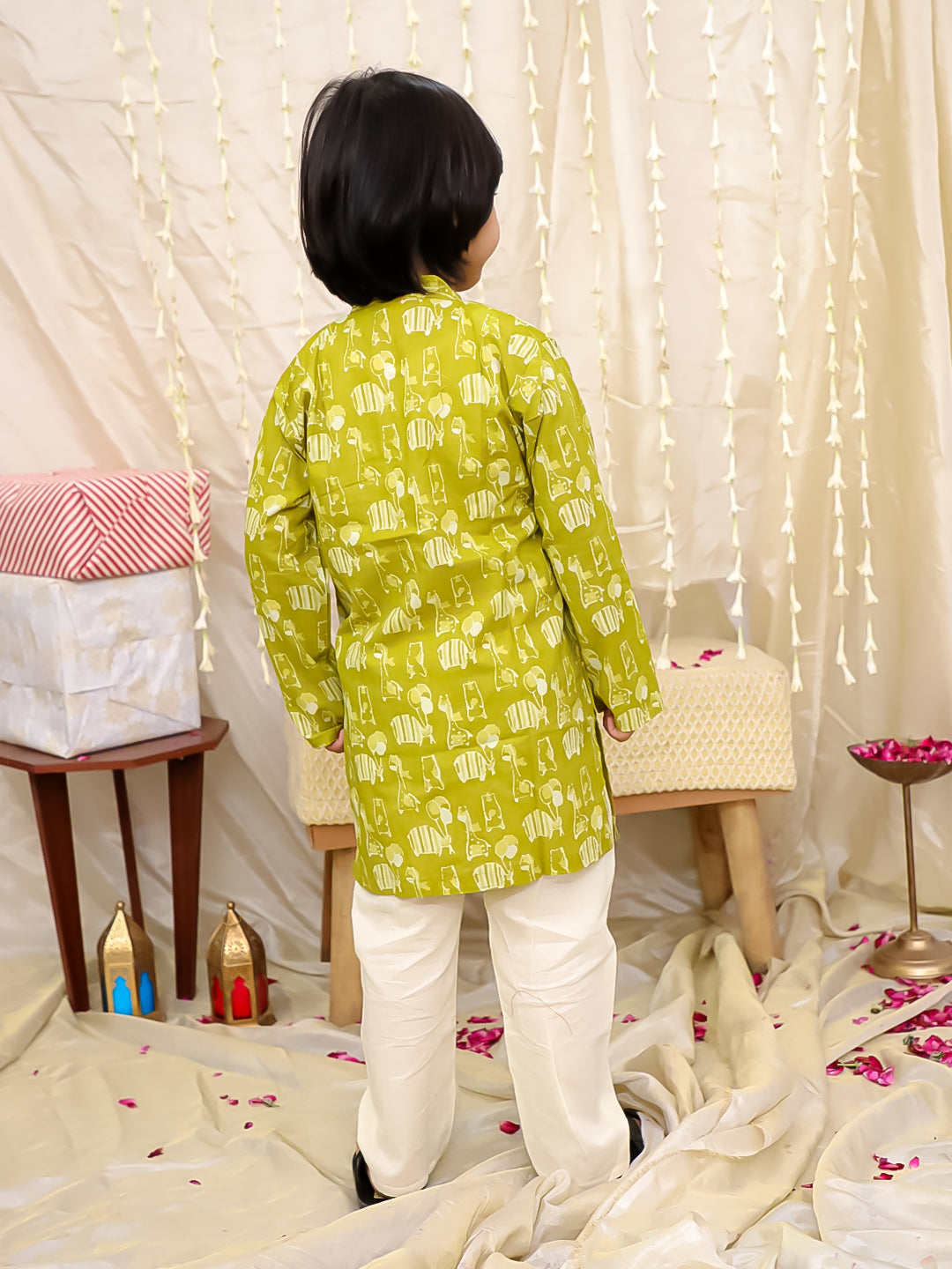 Boys Jungle Jam Kurta Pyjama Set in Green & White - Cotton Kurta Pyjama - side view