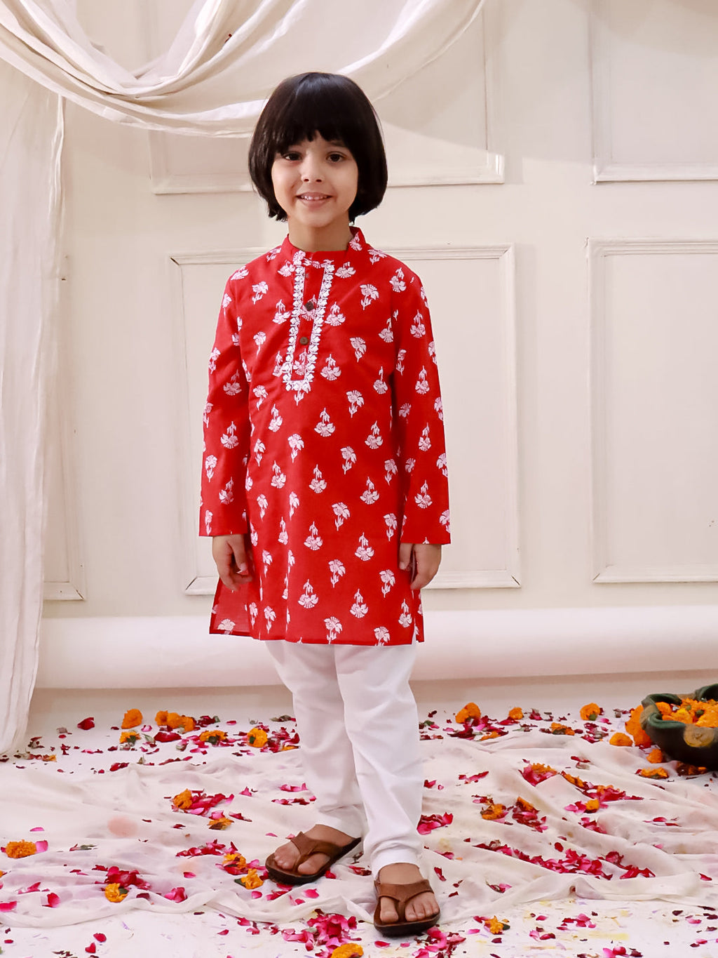 Boys Floral Tiny Threads Kurta Pajama Set in Red - Cotton Kurta Pajama for kids - front view