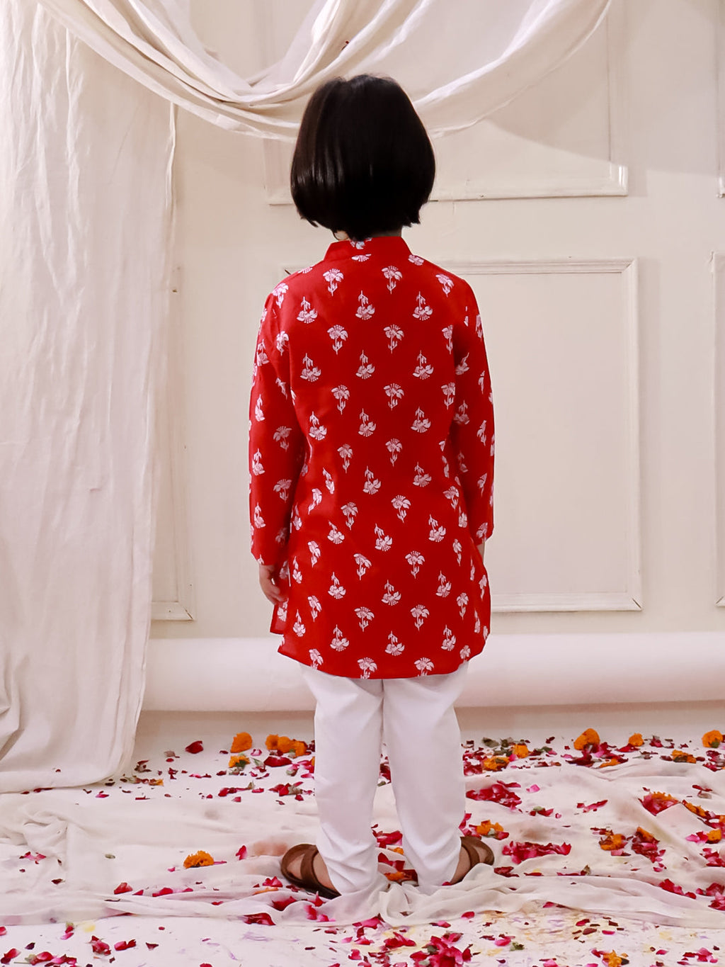 Boys Floral Tiny Threads Kurta Pajama Set in Red - Cotton Kurta Pajama - back view