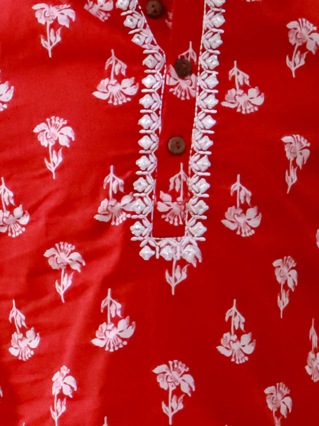 Boys Floral Tiny Threads Kurta Pajama Set in Red - styled look