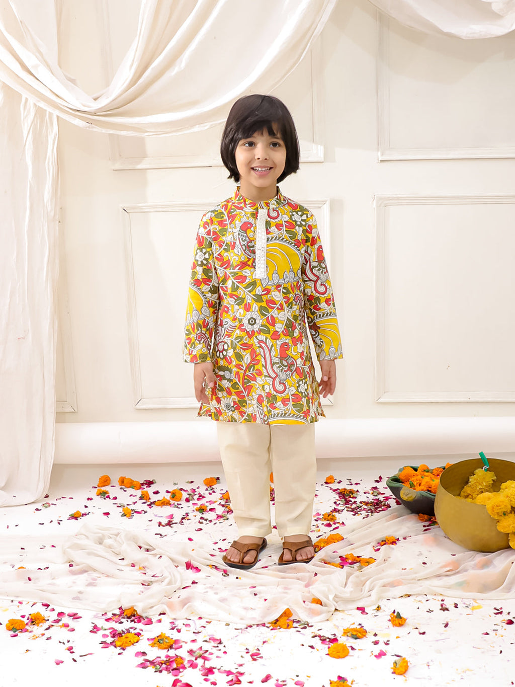 Boys Madhubani Print Kurta Pajama in Yellow - Cotton Kurta Pajama for kids - front view