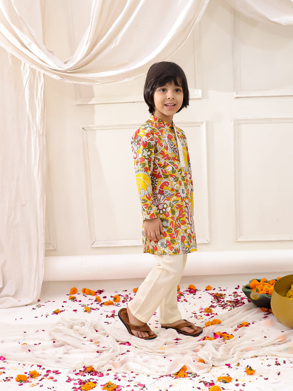 Boys Madhubani Print Kurta Pajama in Yellow - Cotton Kurta Pajama - back view