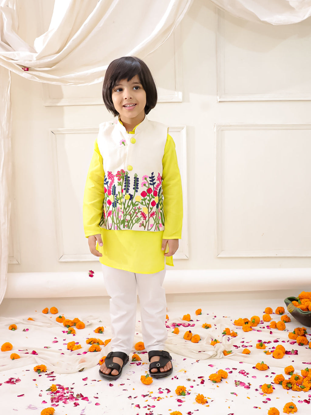 Boys Embroidered Jacket Kurta Pyjama Set in Yellow & White - Cotton Jacket Kurta Pyjama for kids - front view
