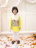 Boys Embroidered Jacket Kurta Pyjama Set in Yellow & White - Cotton Jacket Kurta Pyjama for kids - front view