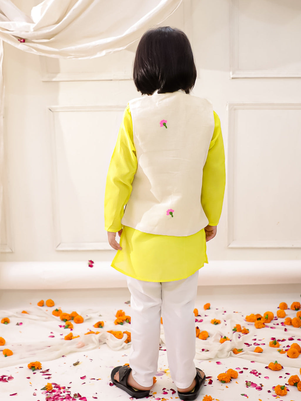 Boys Embroidered Jacket Kurta Pyjama Set in Yellow & White - Cotton Jacket Kurta Pyjama - side view