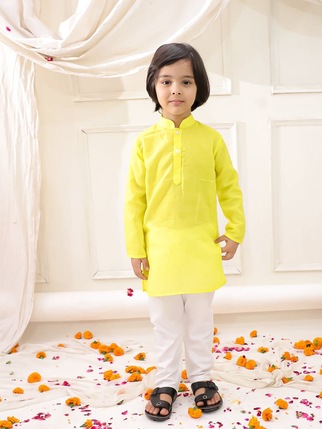 Boys Embroidered Jacket Kurta Pyjama Set in Yellow & White - Cotton Jacket Kurta Pyjama - back view