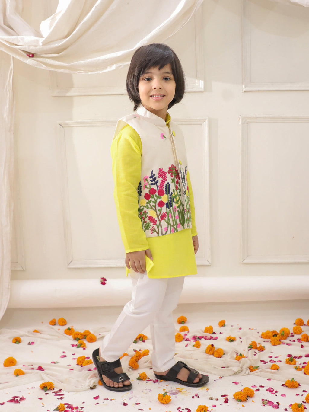 Boys Embroidered Jacket Kurta Pyjama Set in Yellow & White - close-up detail of embroidered jacket