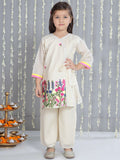 Girls Embroidered Kurti with Palazzo in Offwhite - Cotton Kurti Palazzo for kids - front view