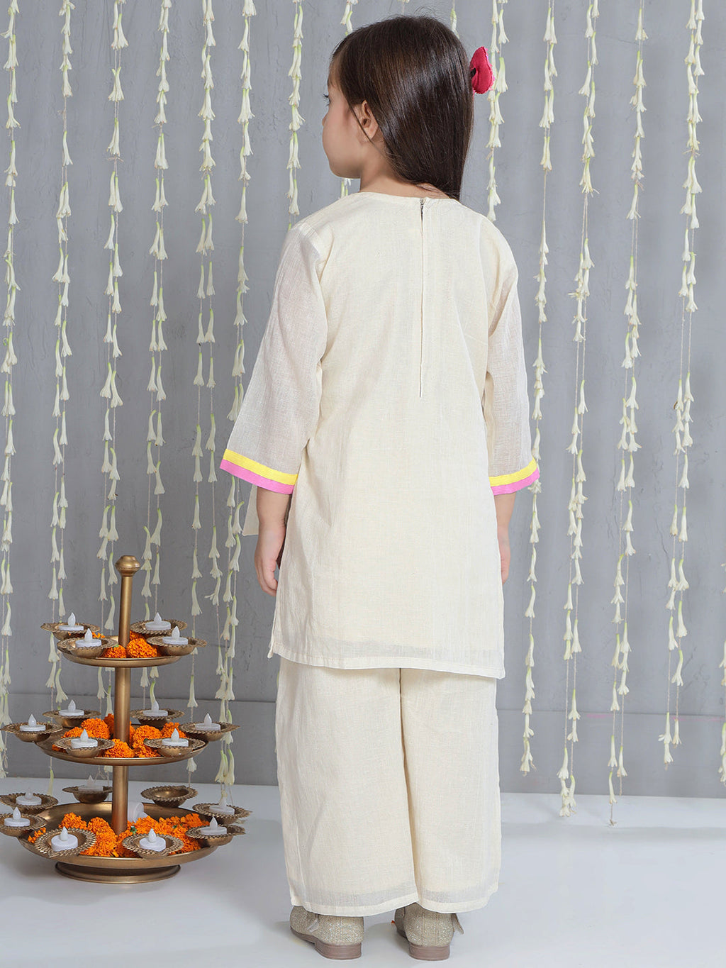 Girls Embroidered Kurti with Palazzo in Offwhite - Cotton Kurti Palazzo - side view