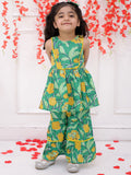 Girls Sunny Sharara Set with Bow Clip in Green & Yellow - Cotton Sharara Set for kids - front view