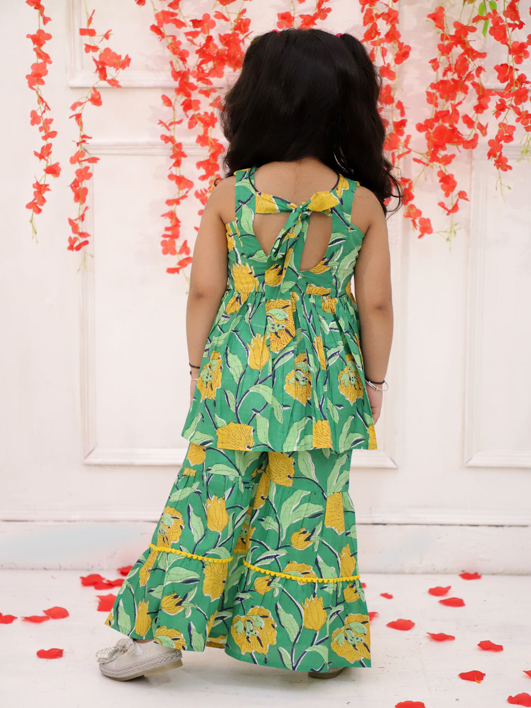 Girls Sunny Sharara Set with Bow Clip in Green & Yellow - Cotton Sharara Set - side view