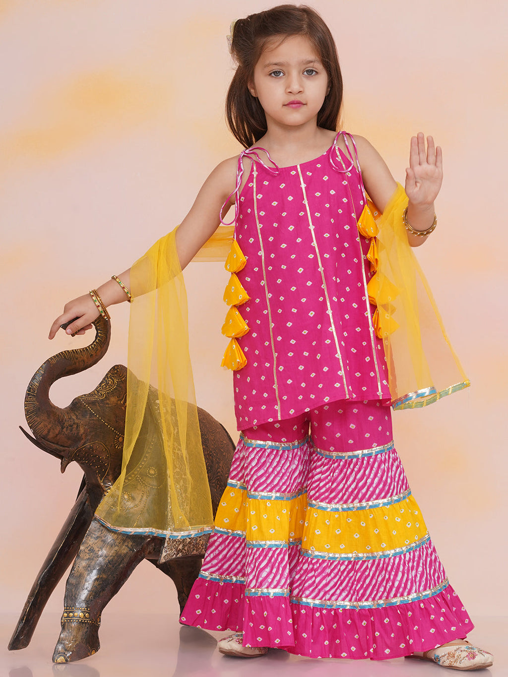 Girls Aisha Bandhani Sharara Set in Pink & Yellow - Cotton Sharara Set for kids - front view