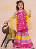 Girls Aisha Bandhani Sharara Set in Pink & Yellow - Cotton Sharara Set for kids - front view