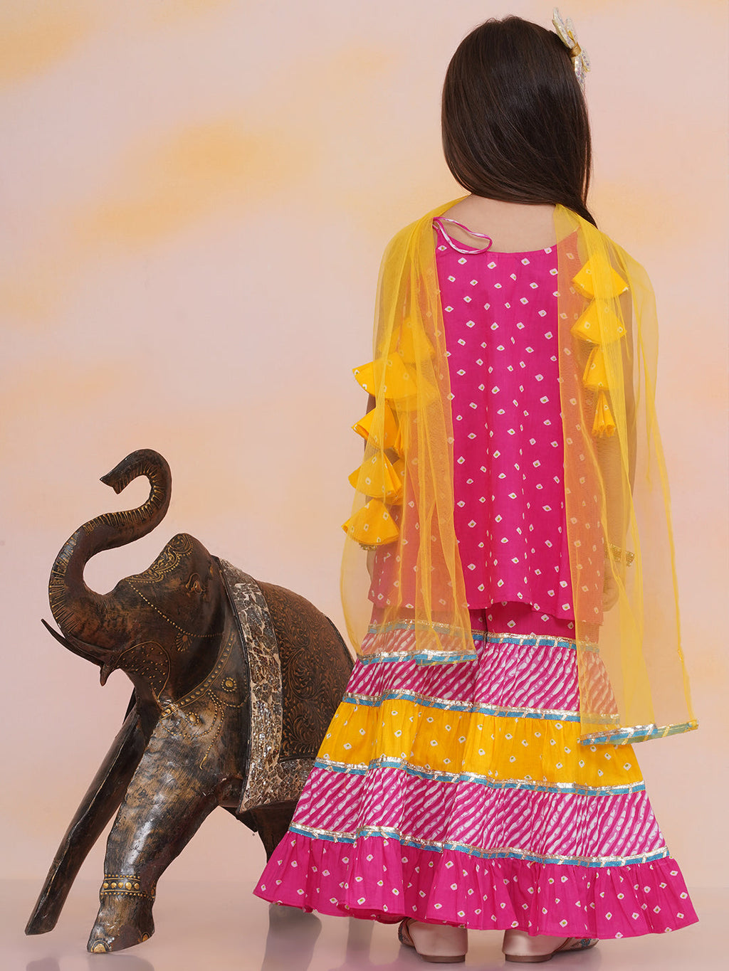 Girls Aisha Bandhani Sharara Set in Pink & Yellow - Cotton Sharara Set - side view