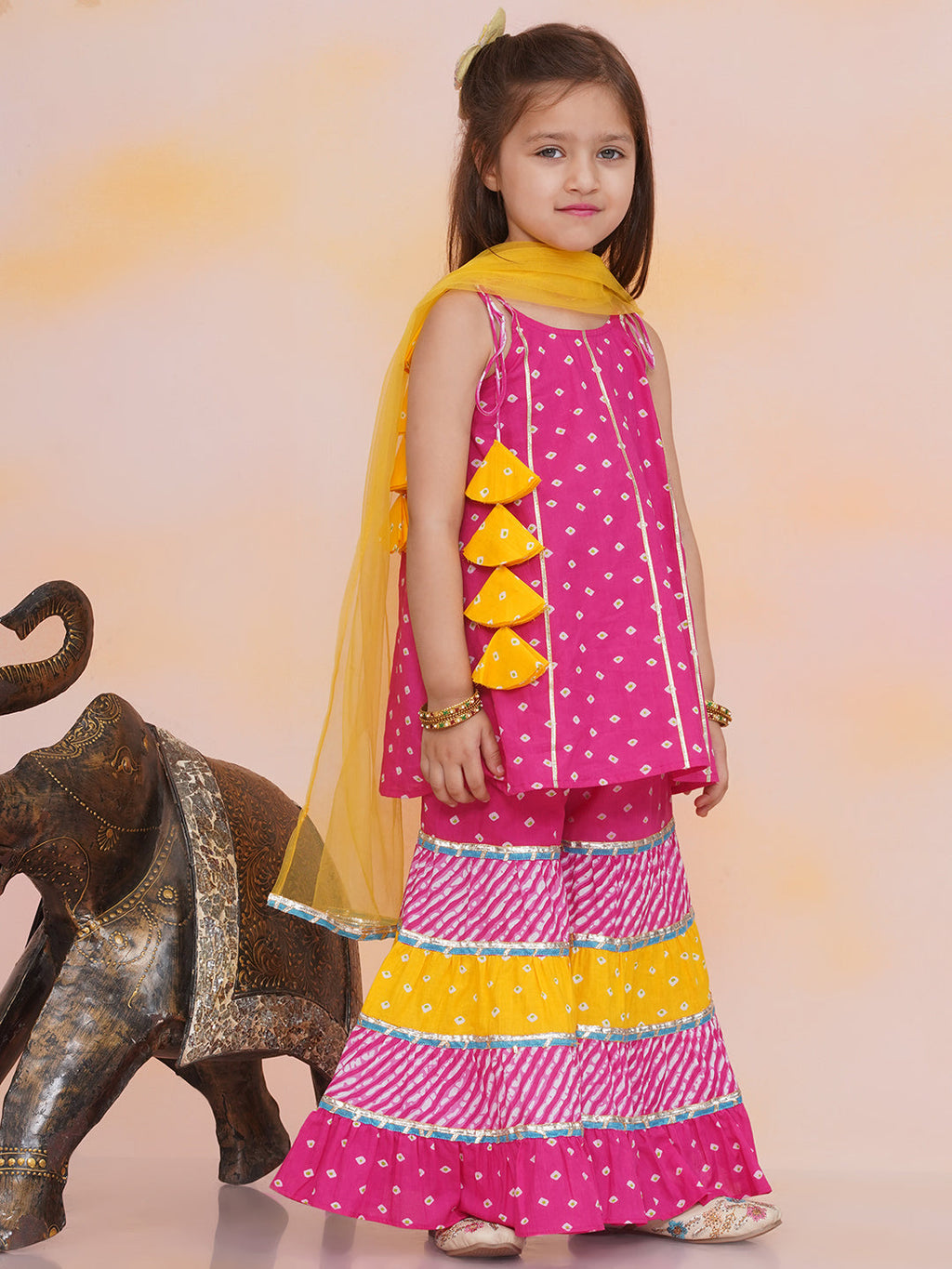 Girls Aisha Bandhani Sharara Set in Pink & Yellow - Cotton Sharara Set - back view