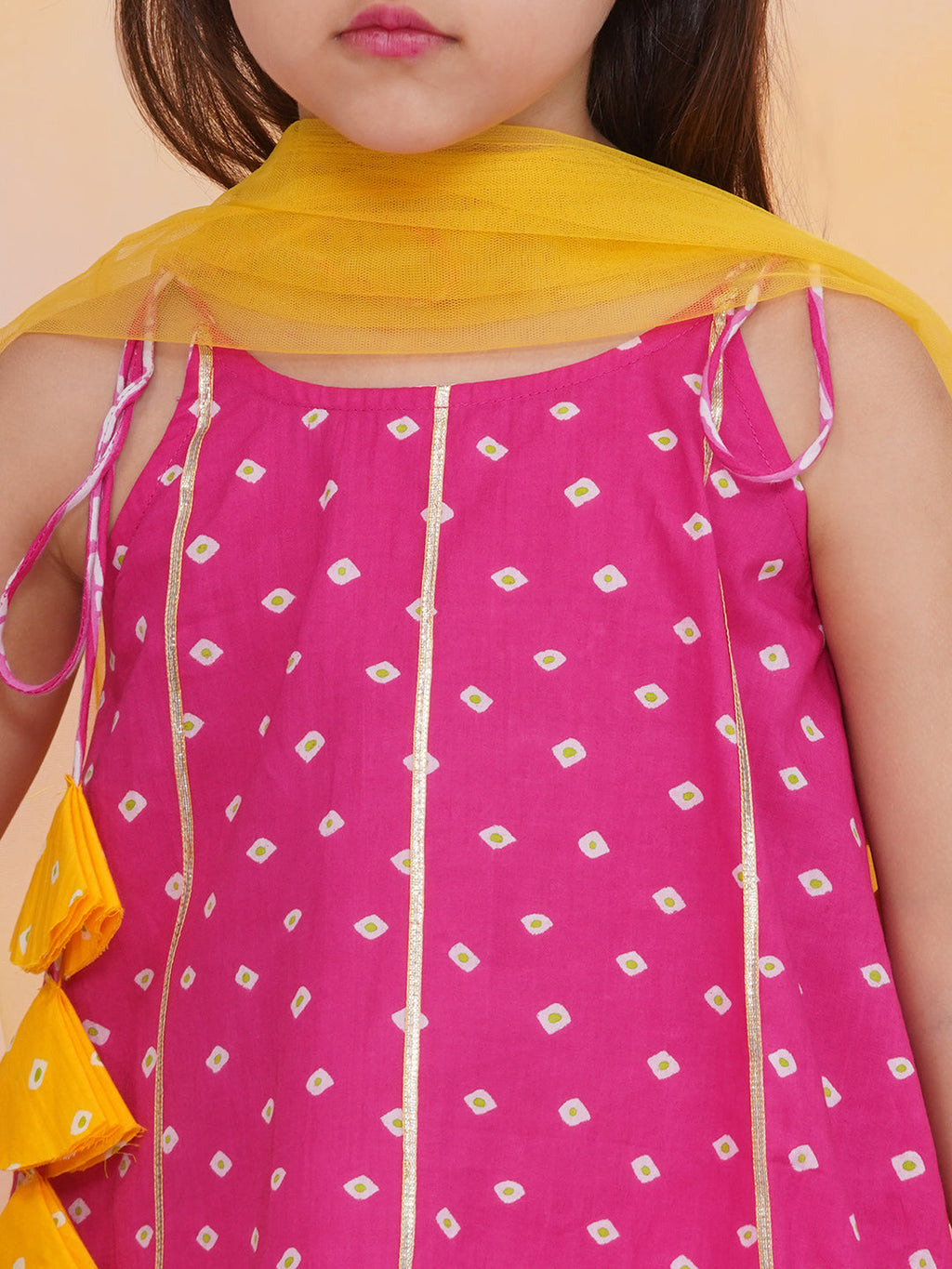 Girls Aisha Bandhani Sharara Set in Pink & Yellow - close-up detail of bandhani print