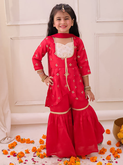 Girls Chinon Embroidery Kurti Sharara Set in Red & White - Chinon Sharara with Dupatta for kids - front view