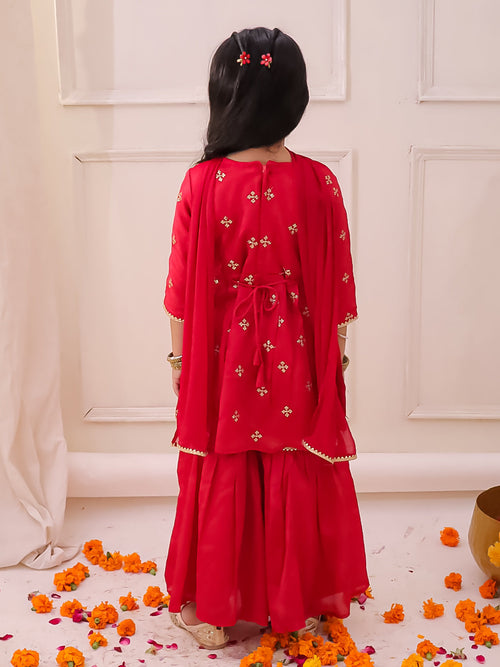 Girls Chinon Embroidery Kurti Sharara Set in Red & White - Chinon Sharara with Dupatta - side view